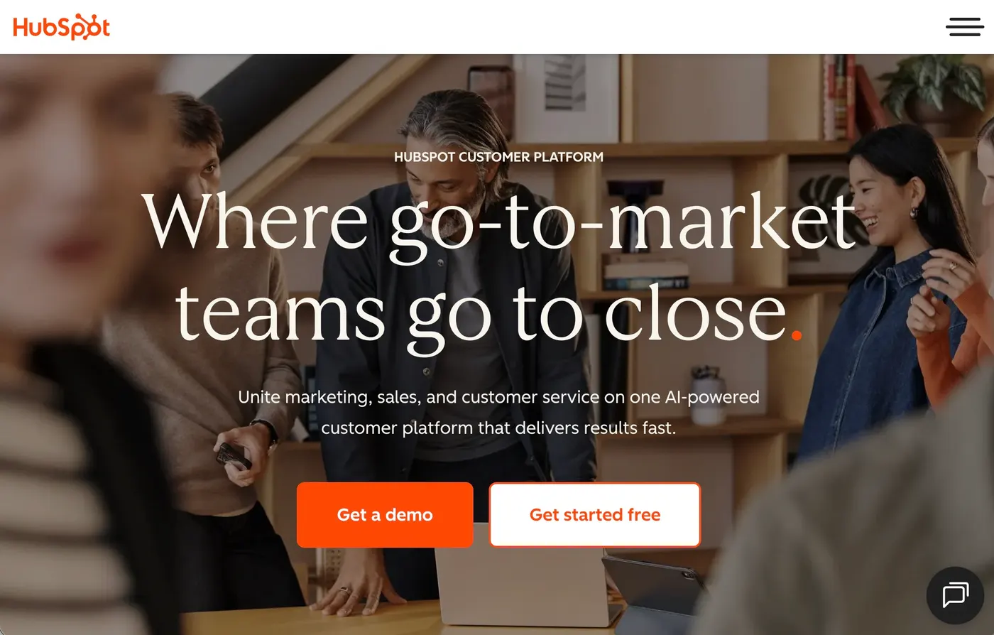 Screenshot of the landing page of Hubspot