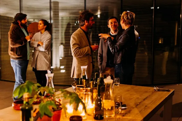 Freelancers networking at an event.