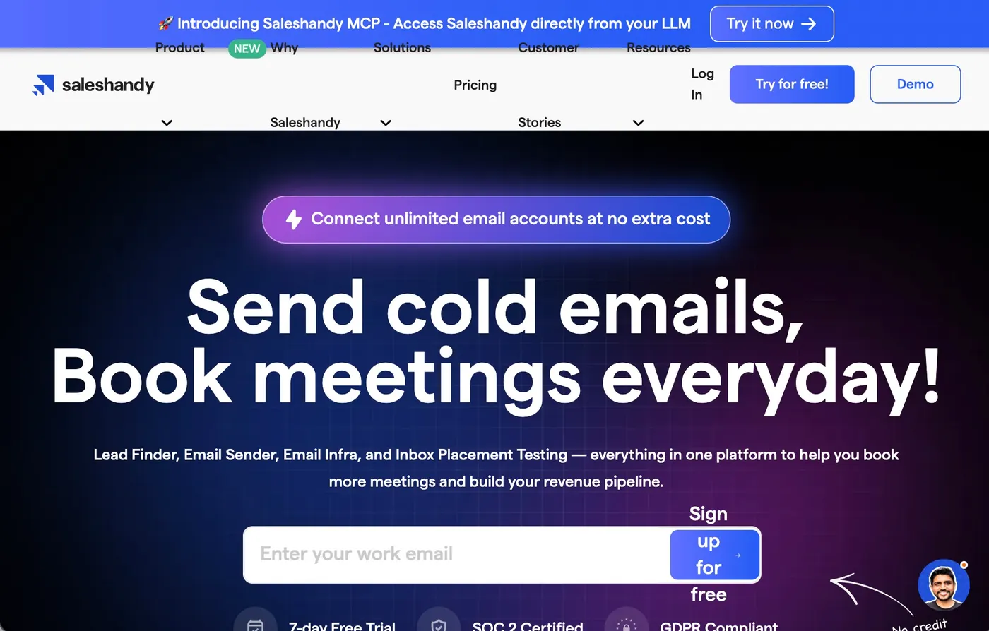 Screenshot of the landing page of Saleshandy