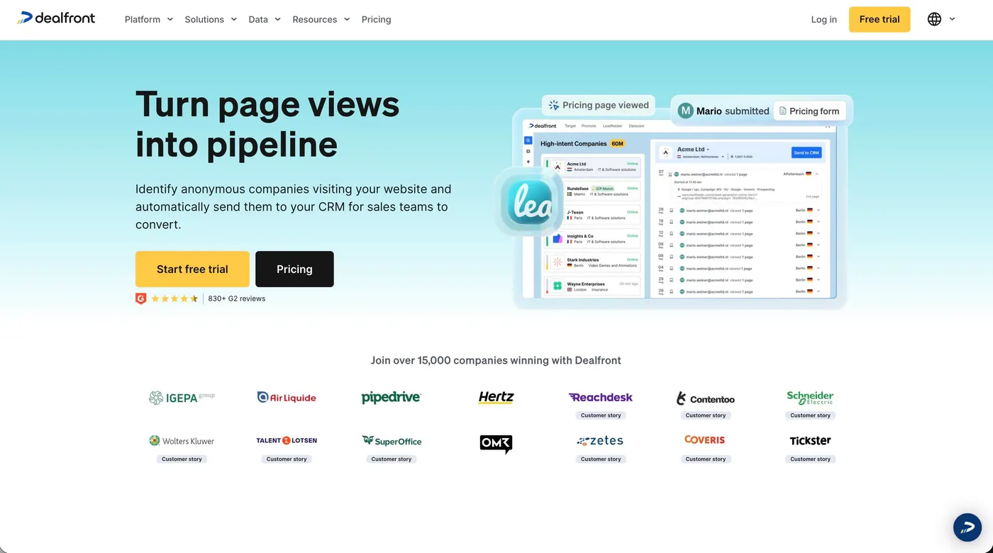 A screenshot of the landing page for Dealfront