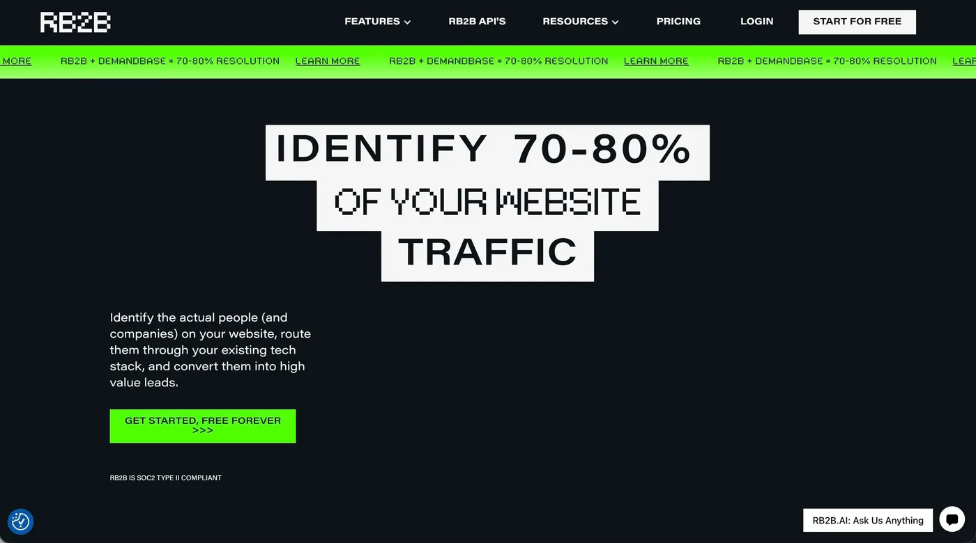 A screenshot of the landing page for RB2B