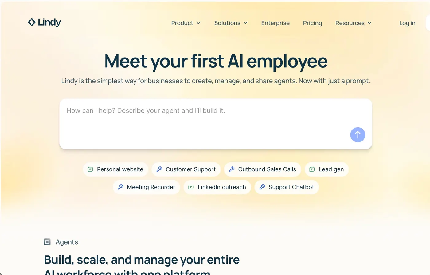Screenshot of the landing page of Lindy