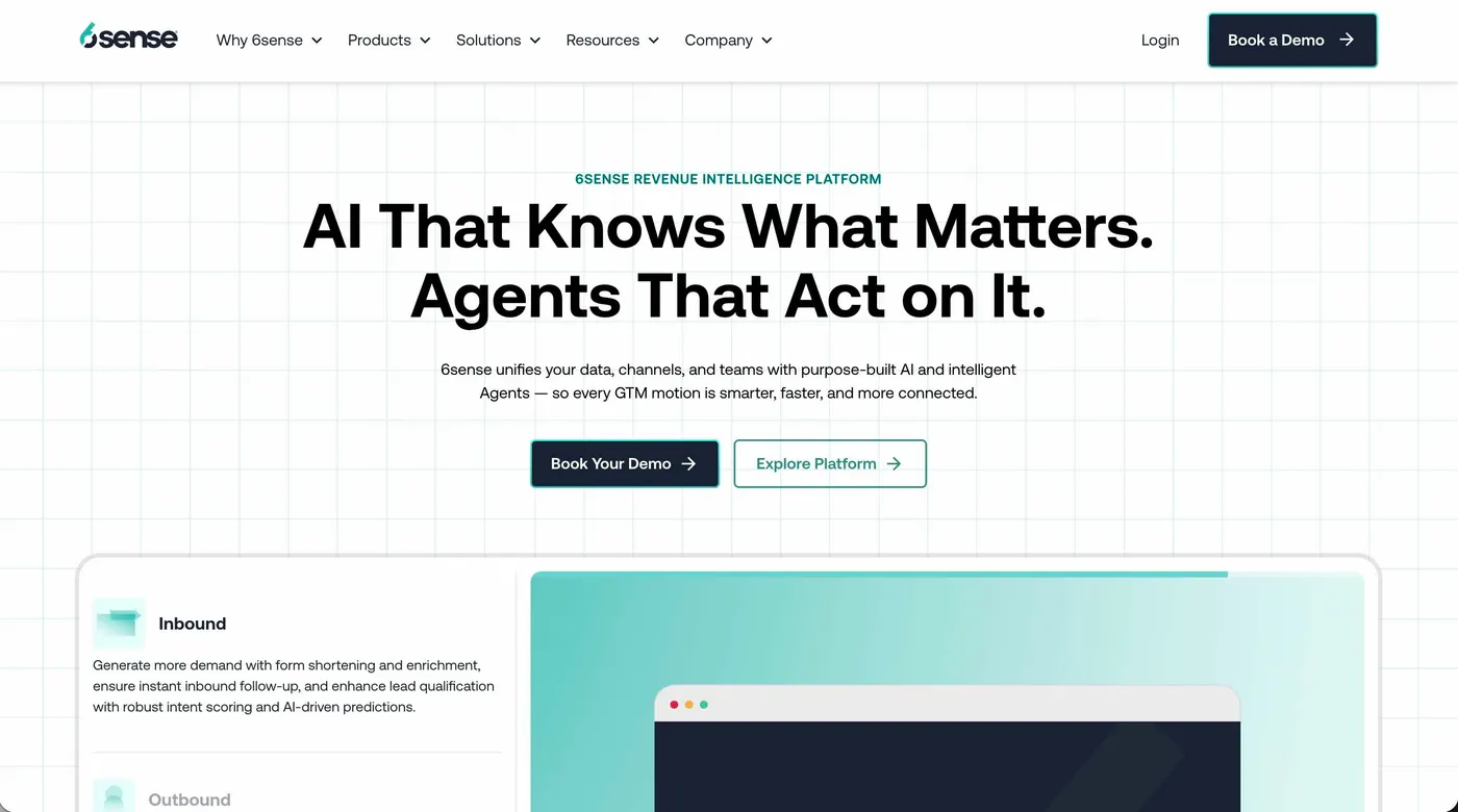 A screenshot of the landing page for 6sense.