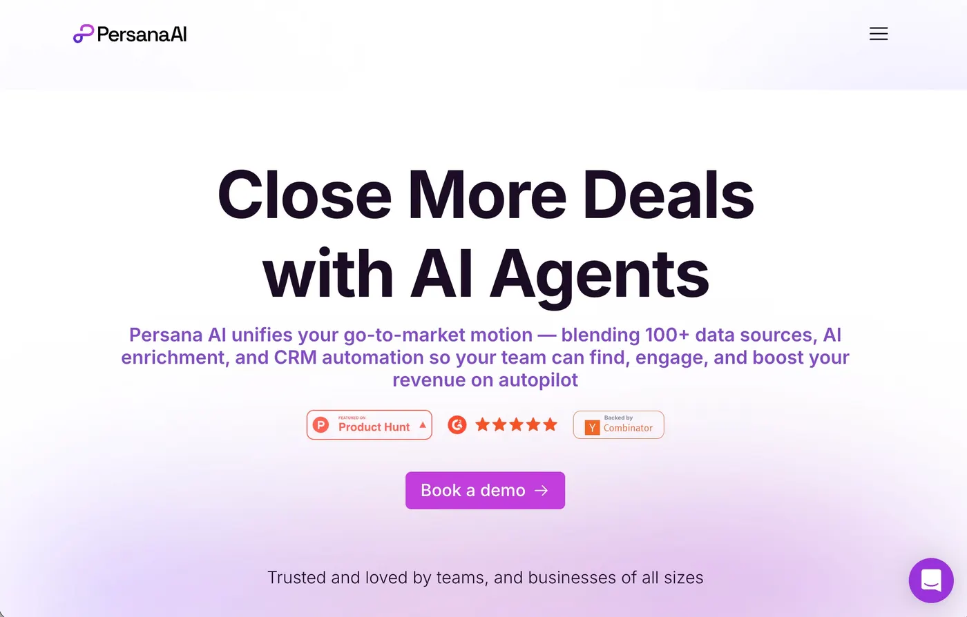 Screenshot of the landing page of Persana Ai